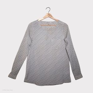 long sleeve blouse in white and navy geometric blue print